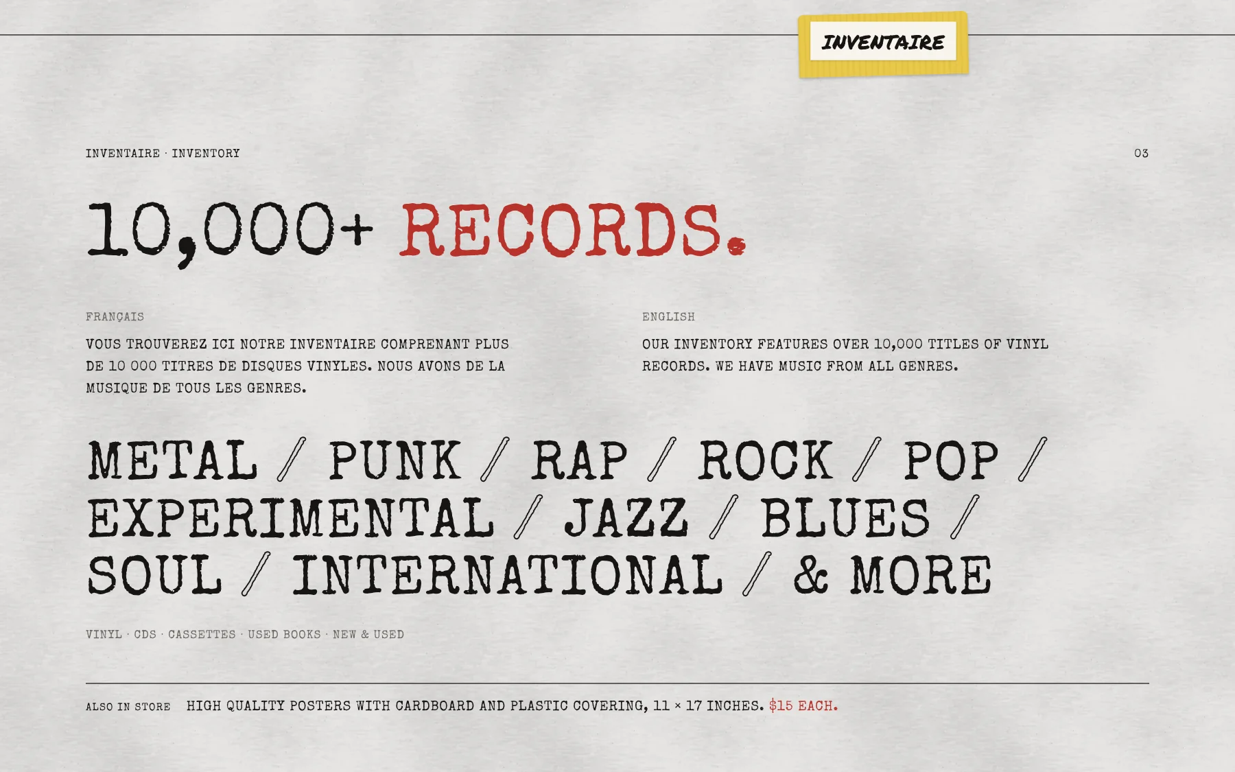 Inventory section: 10,000+ records and the list of genres
