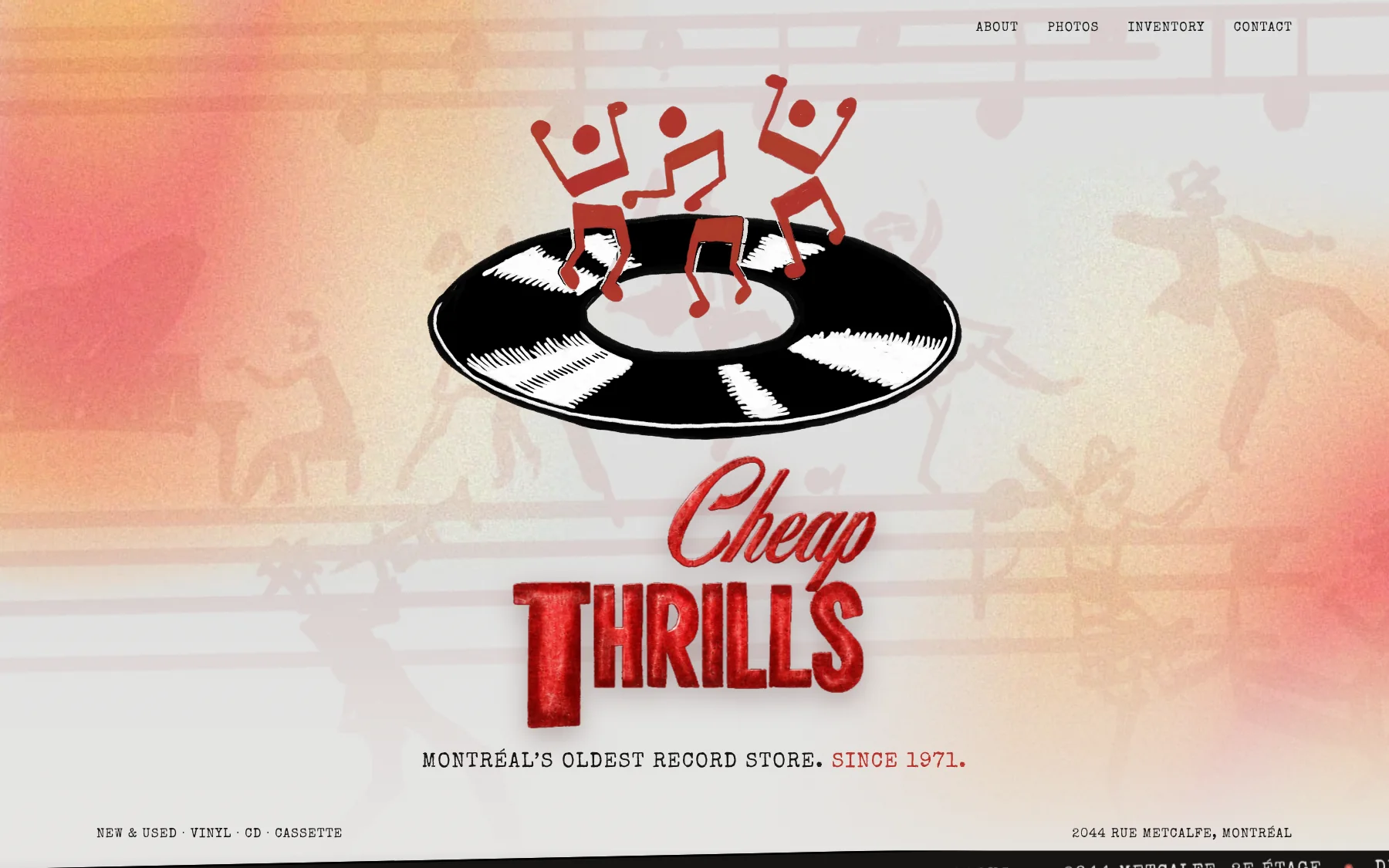 Cheap Thrills website landing page: three dancers on a record above red Cheap Thrills lettering, on a warm gradient with faint musicians in the background