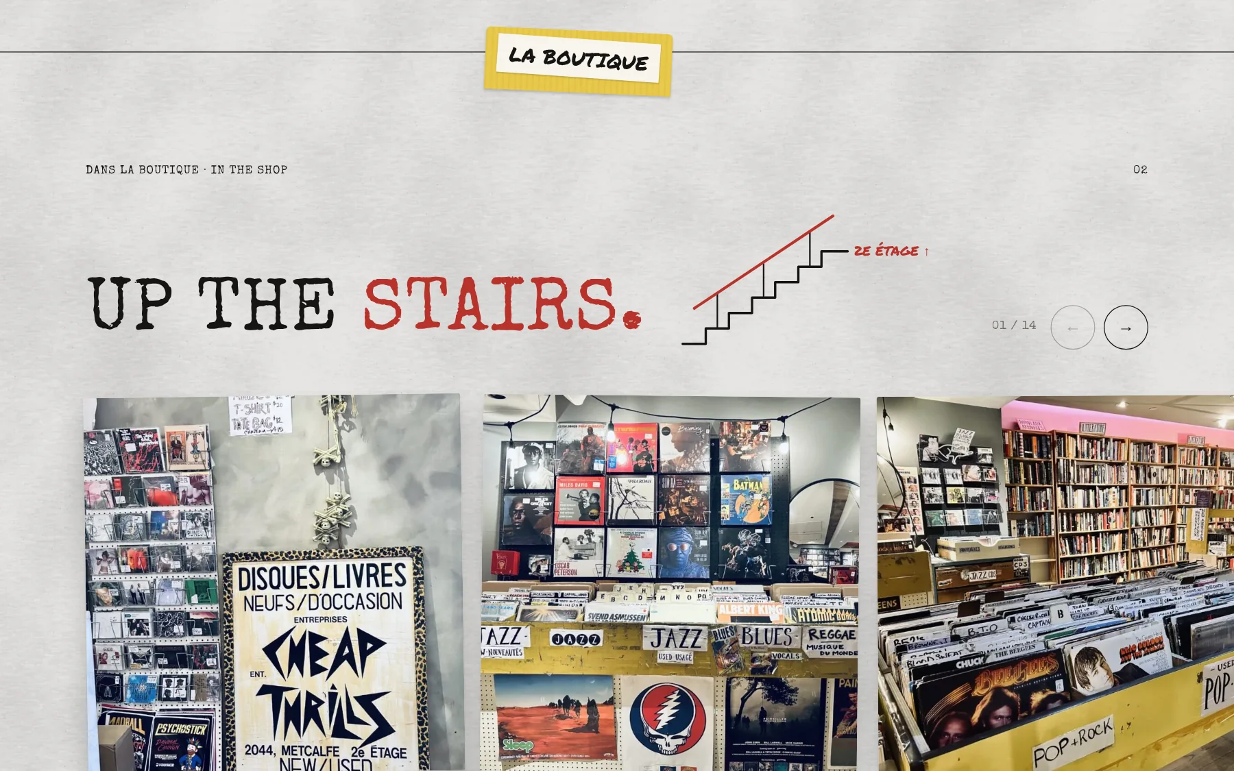 Up the stairs: a staircase that draws itself next to a carousel of shop photos