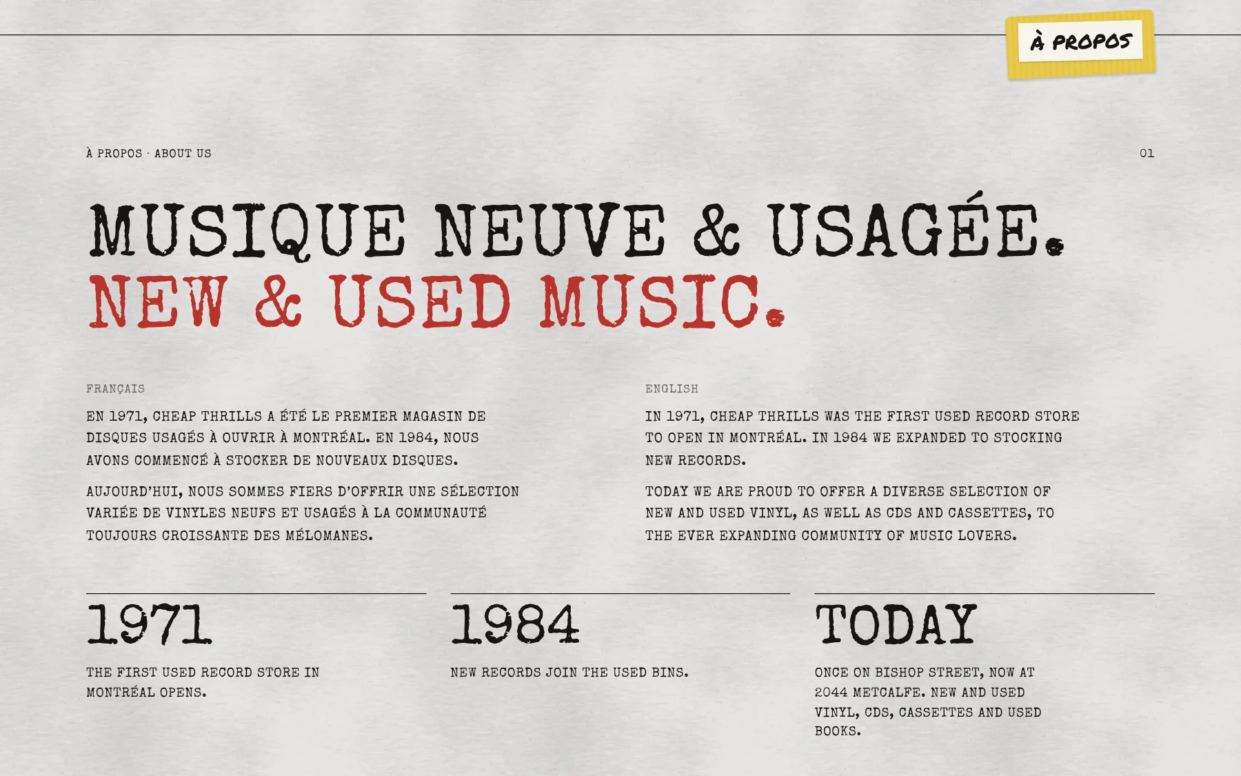 About section in typewriter type with a 1971, 1984 and today timeline