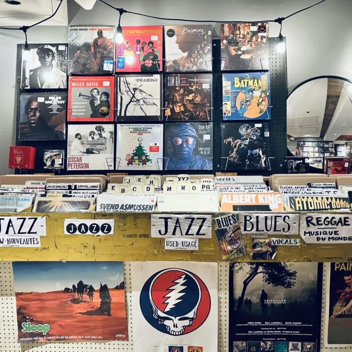 Jazz wall with Miles Davis and Sun Ra covers above the jazz and blues bins