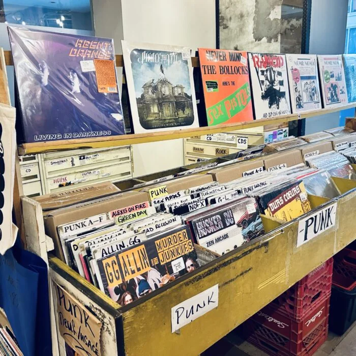 Punk bins with records on the top shelf