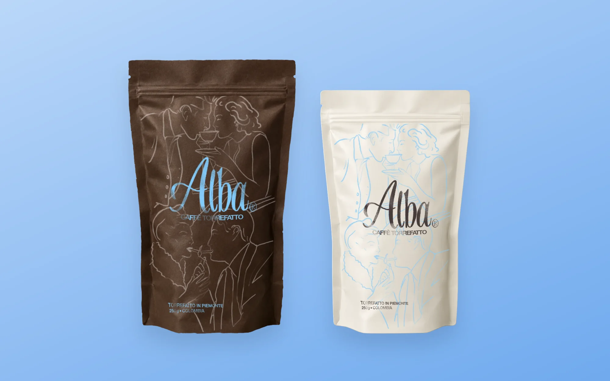 Alba coffee pouches in kraft brown and white on a blue background