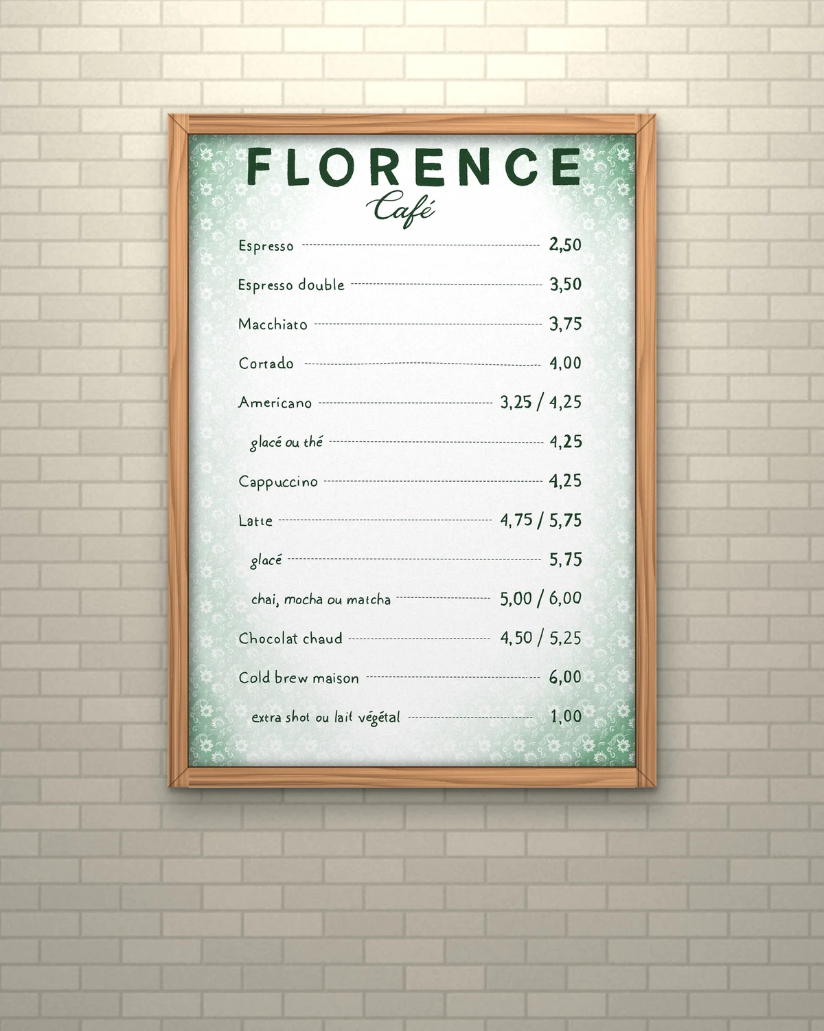 After: the new menu in an oak frame