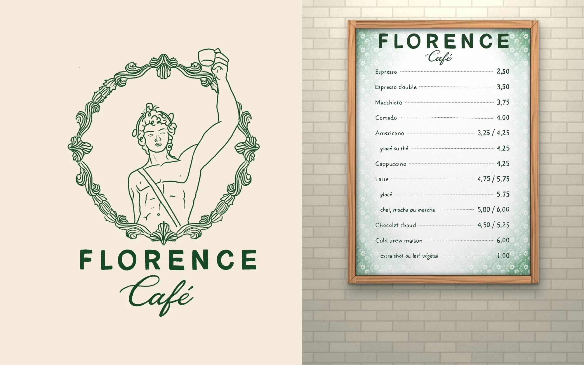 Florence Café logo next to the new menu framed on a white brick wall