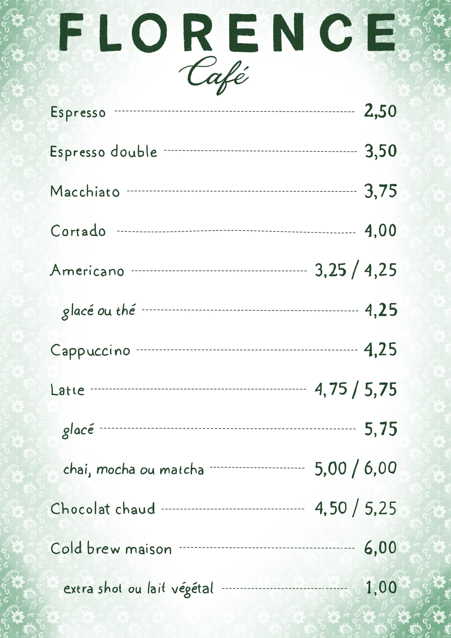 The Florence Café coffee menu, flat