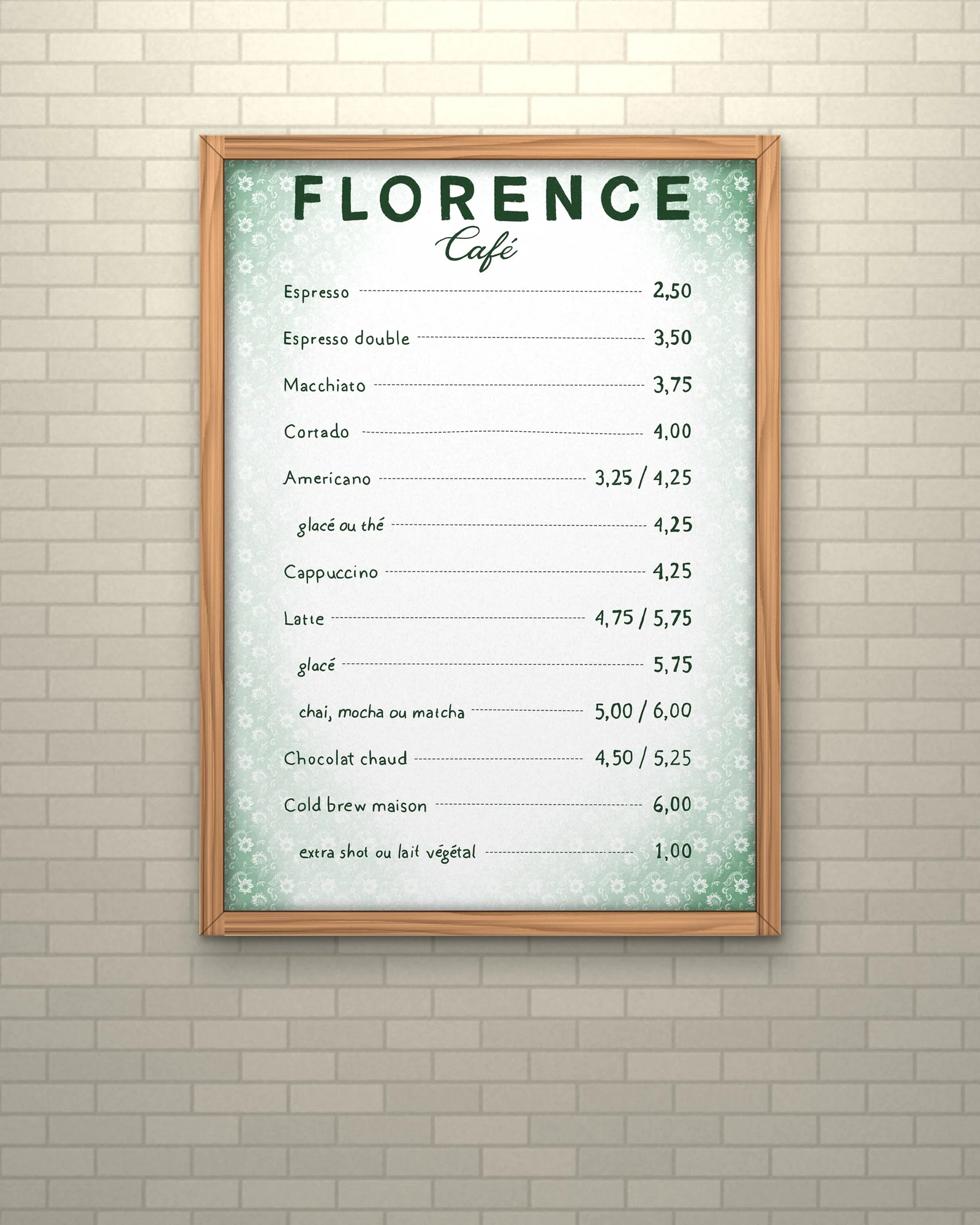 The coffee menu in an oak frame on a white brick wall