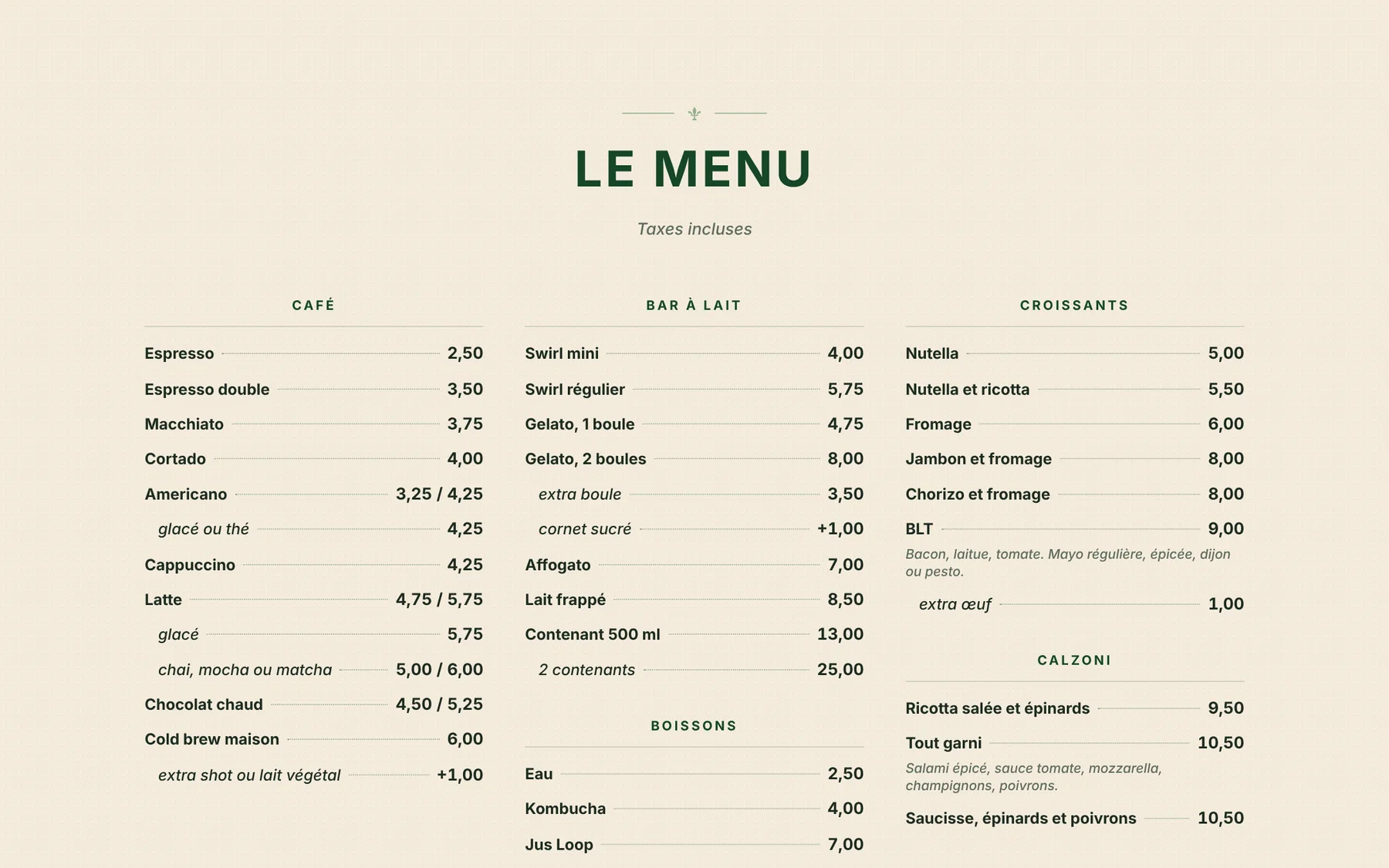 Website menu section in three columns
