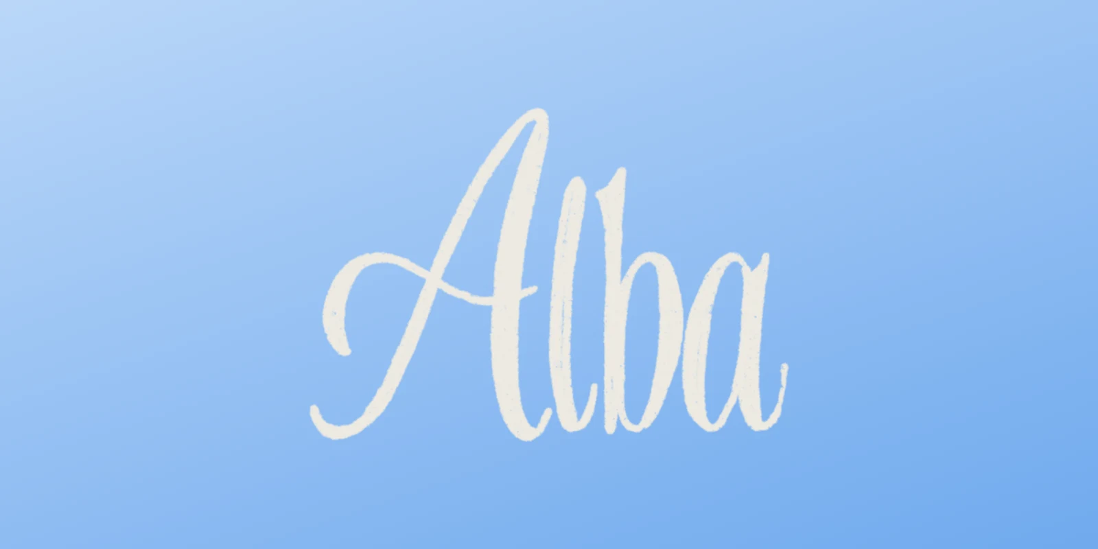 Alba script logo in cream on Alba blue