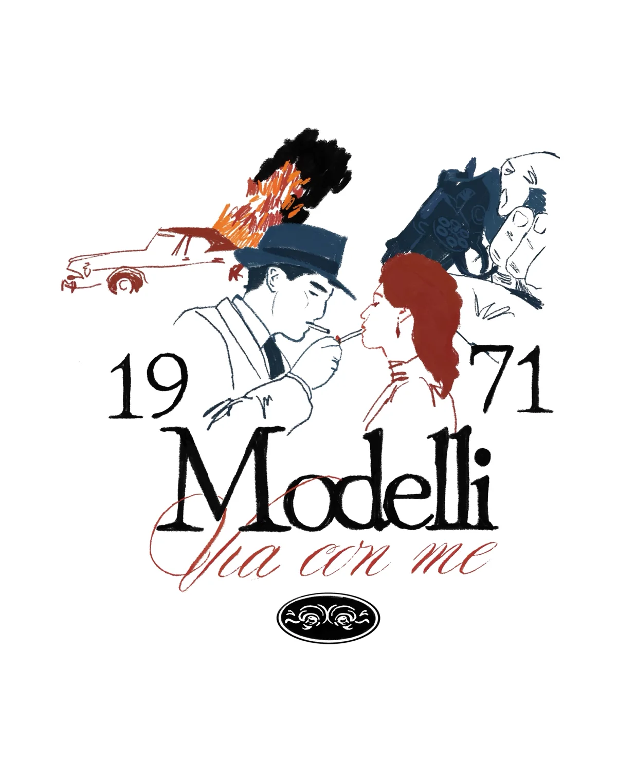 Modelli 1971, Via con me: a man lighting a woman’s cigarette, a car and a hand on a rotary phone