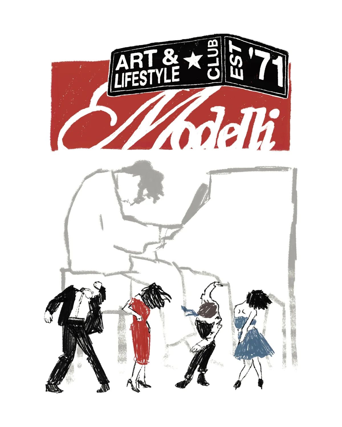 Modelli Art & Lifestyle Club, Est ’71 poster with four people dancing in front of a piano player