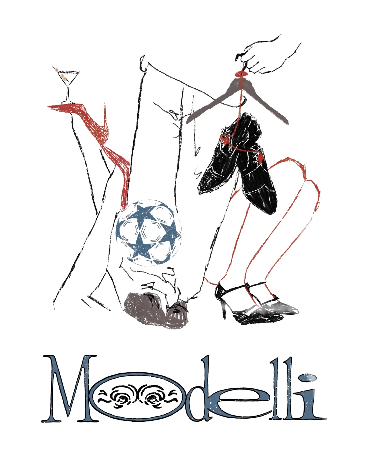 Modelli wordmark under a drawing of legs, a martini, a football and shoes on a hanger