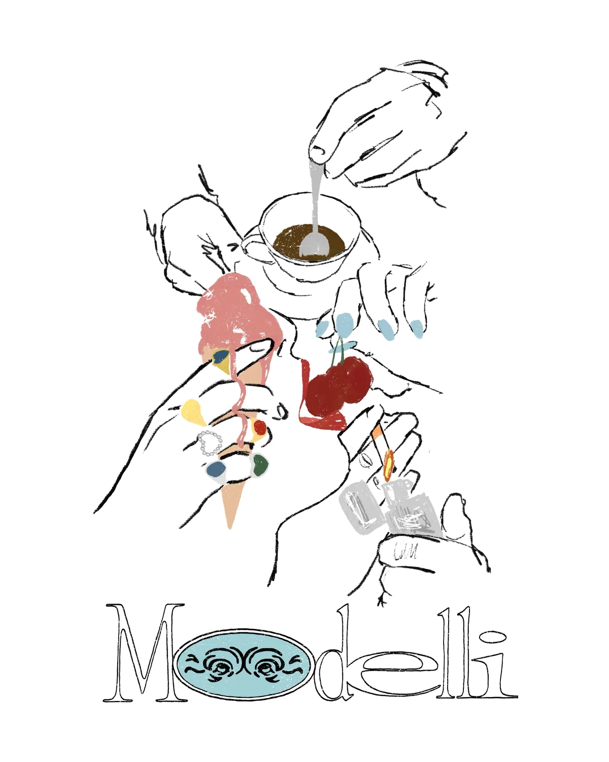 Modelli wordmark under hands holding an espresso, a gelato, cherries and a lighter