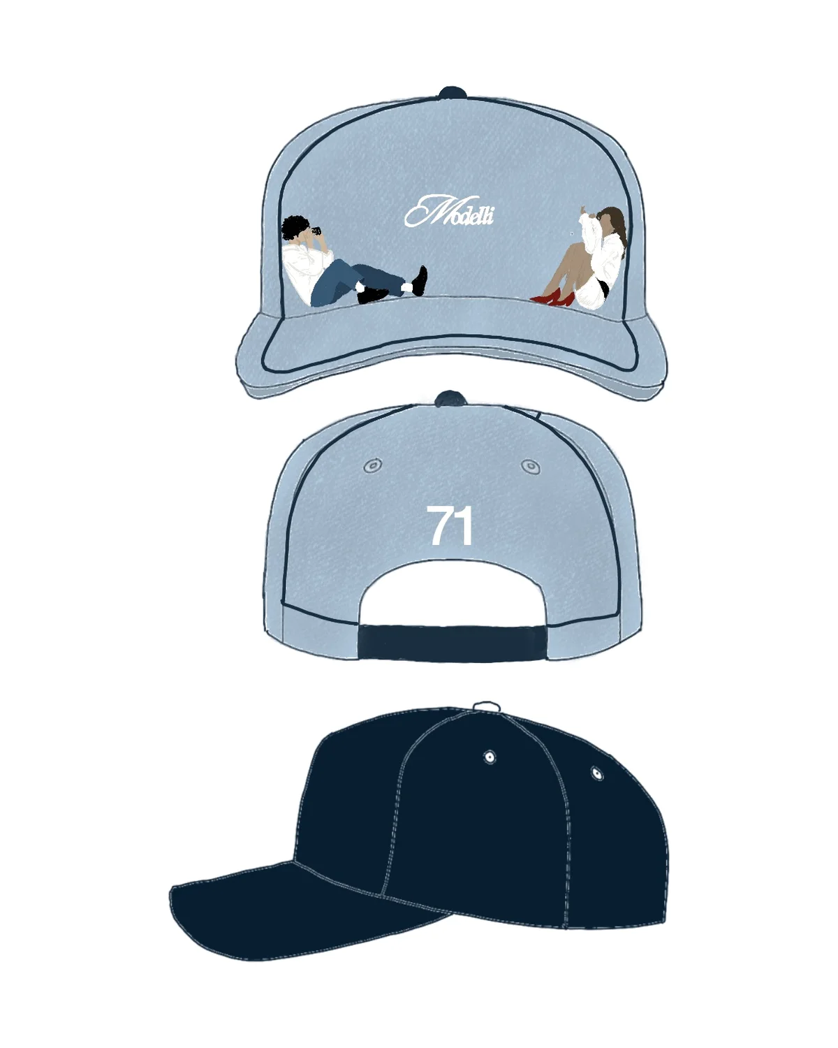 Modelli cap in light blue and navy, front, back and side