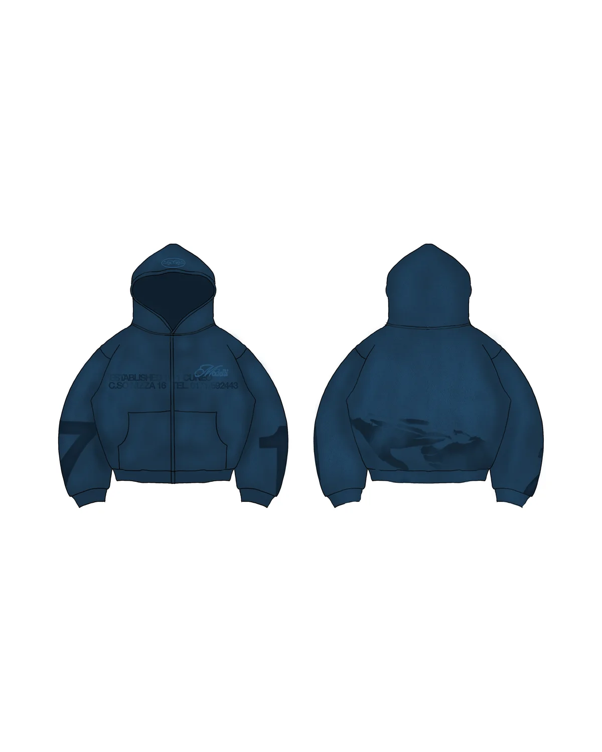 Navy Modelli zip hoodie, front and back