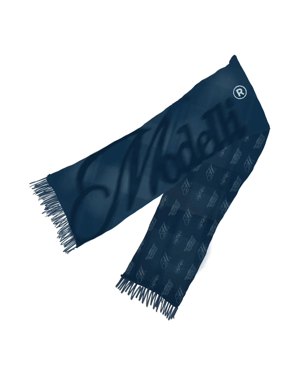Navy Modelli scarf with the script logo and a monogram pattern
