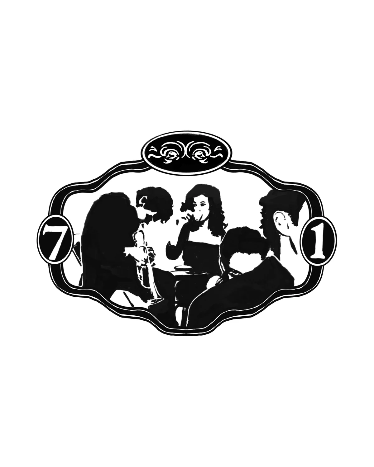 Modelli 71 badge: a black and white café scene in an ornate frame with the oval emblem