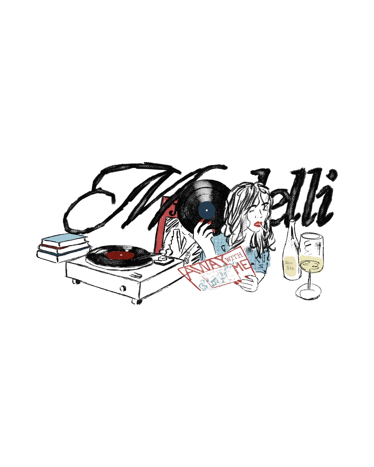 Modelli script behind a woman holding a record next to a turntable, books and a glass of wine