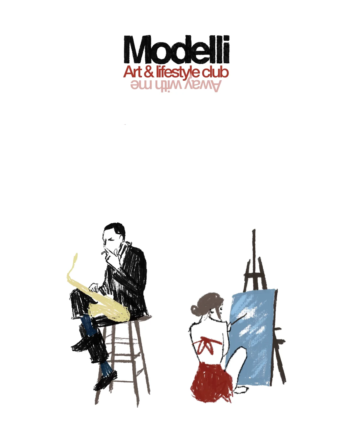 Modelli Art & lifestyle club poster: a saxophonist on a stool and a woman painting at an easel