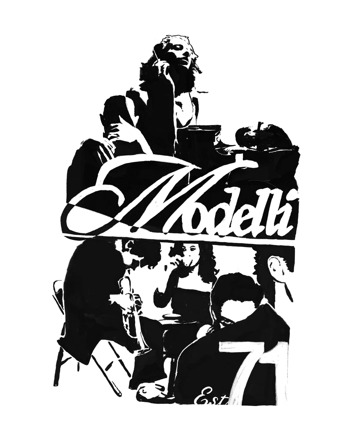 Black and white Modelli poster: a jazz club scene with the script logo and the number 71