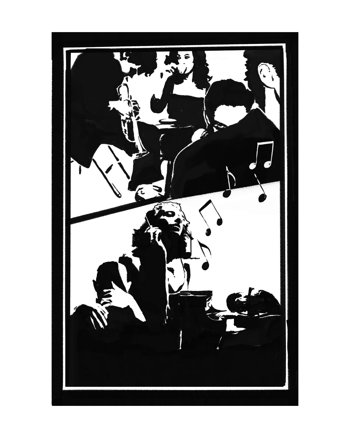 Black and white jazz club illustration in two panels with music notes