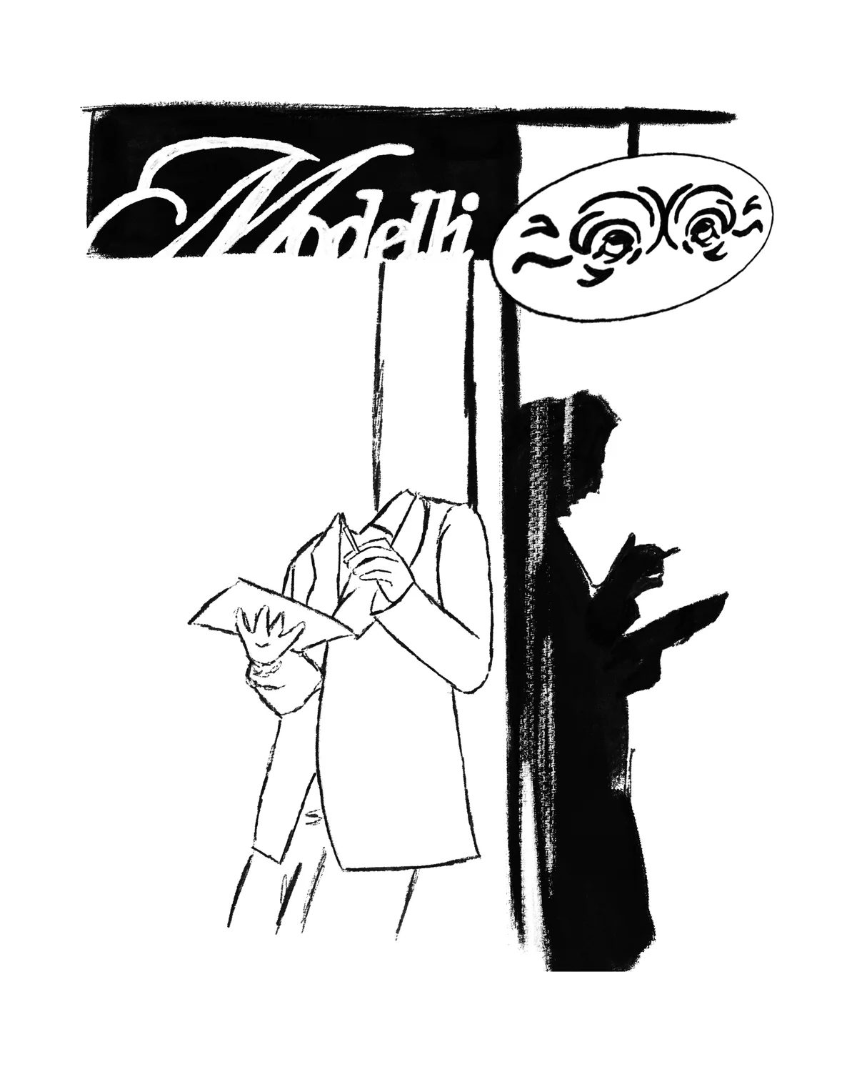 Modelli sign and oval emblem over a waiter writing an order and a shadowed figure