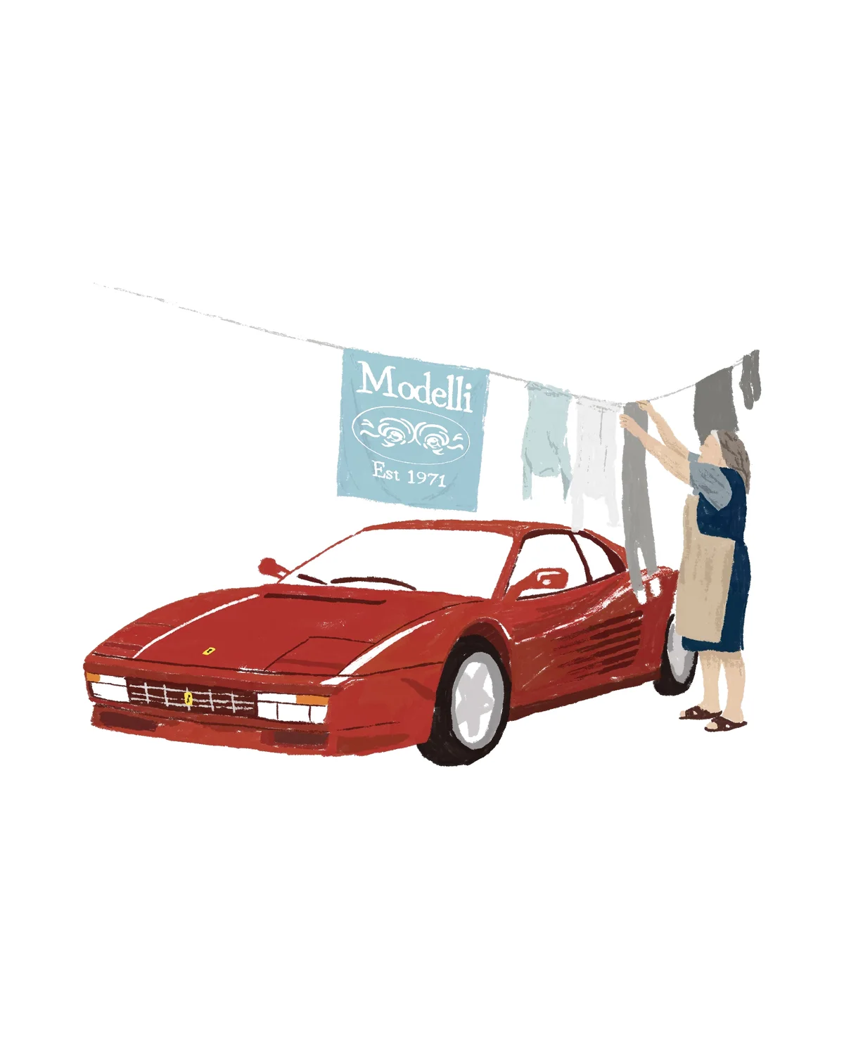 Red sports car under a clothesline with a Modelli Est 1971 towel and a woman hanging laundry