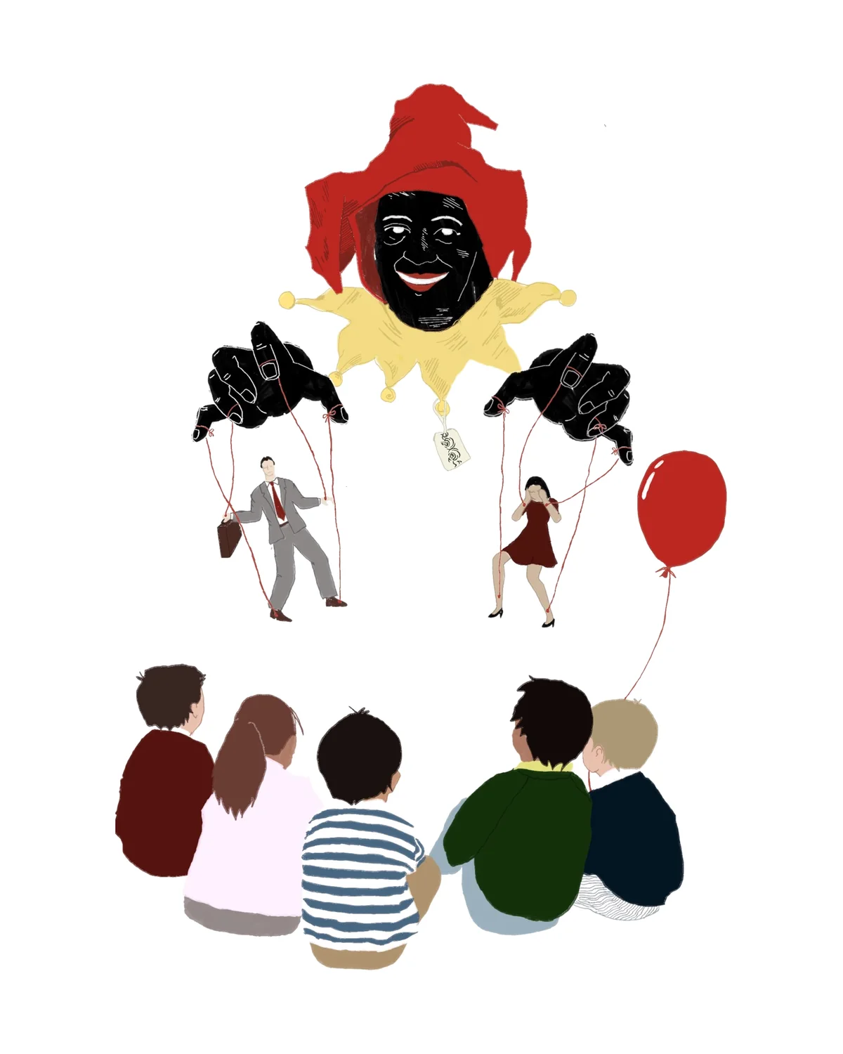 A jester puppeteer controlling a businessman and a woman on strings, watched by children and a red balloon