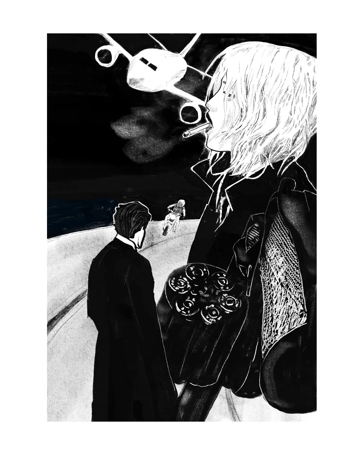 Black and white illustration: a woman smoking, an airplane overhead, a man and a motorcyclist on a road