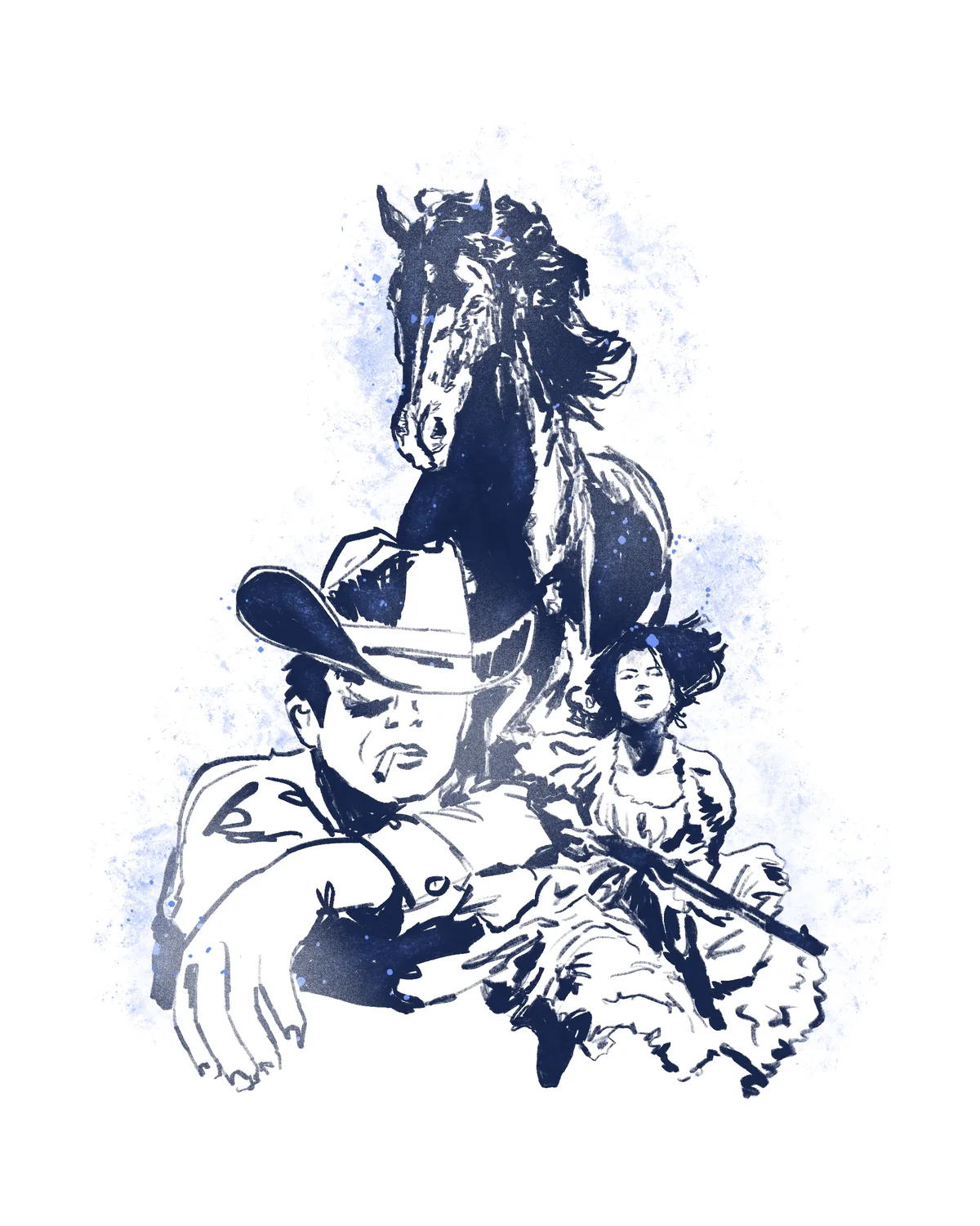 Blue ink illustration of a cowboy, a rearing horse and a woman with a rifle