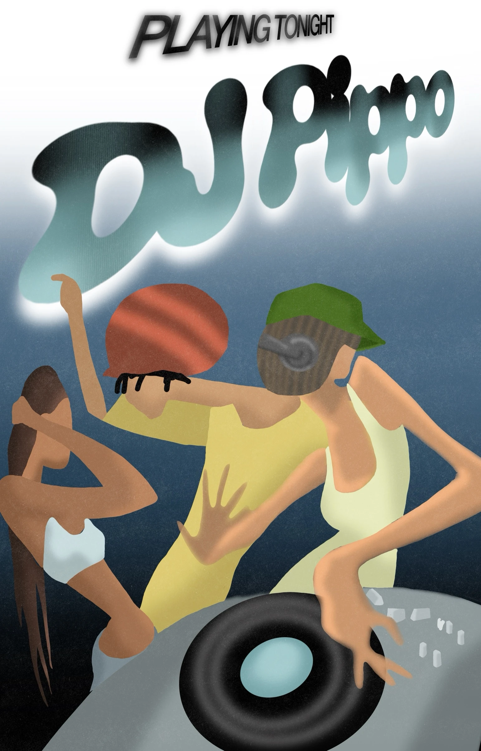 Playing tonight, DJ Pippo poster: glowing bubble lettering over a DJ in a green cap and headphones at the decks, with two people dancing behind him