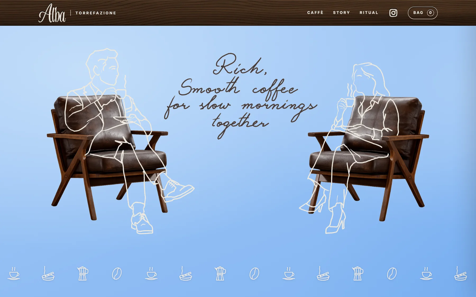 Alba website home page with the armchair illustration under a carved wooden toolbar