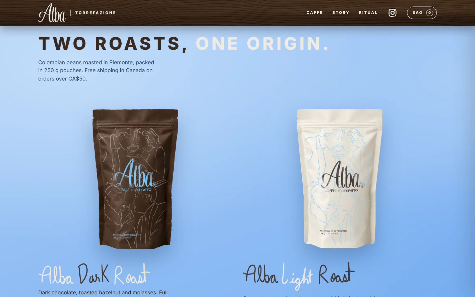 Alba website shop section with both pouches