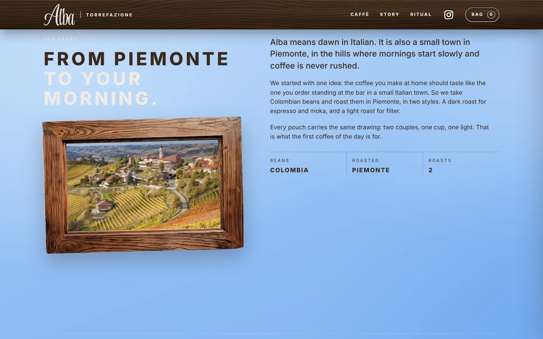 Alba website story section with a framed photo of Piemonte