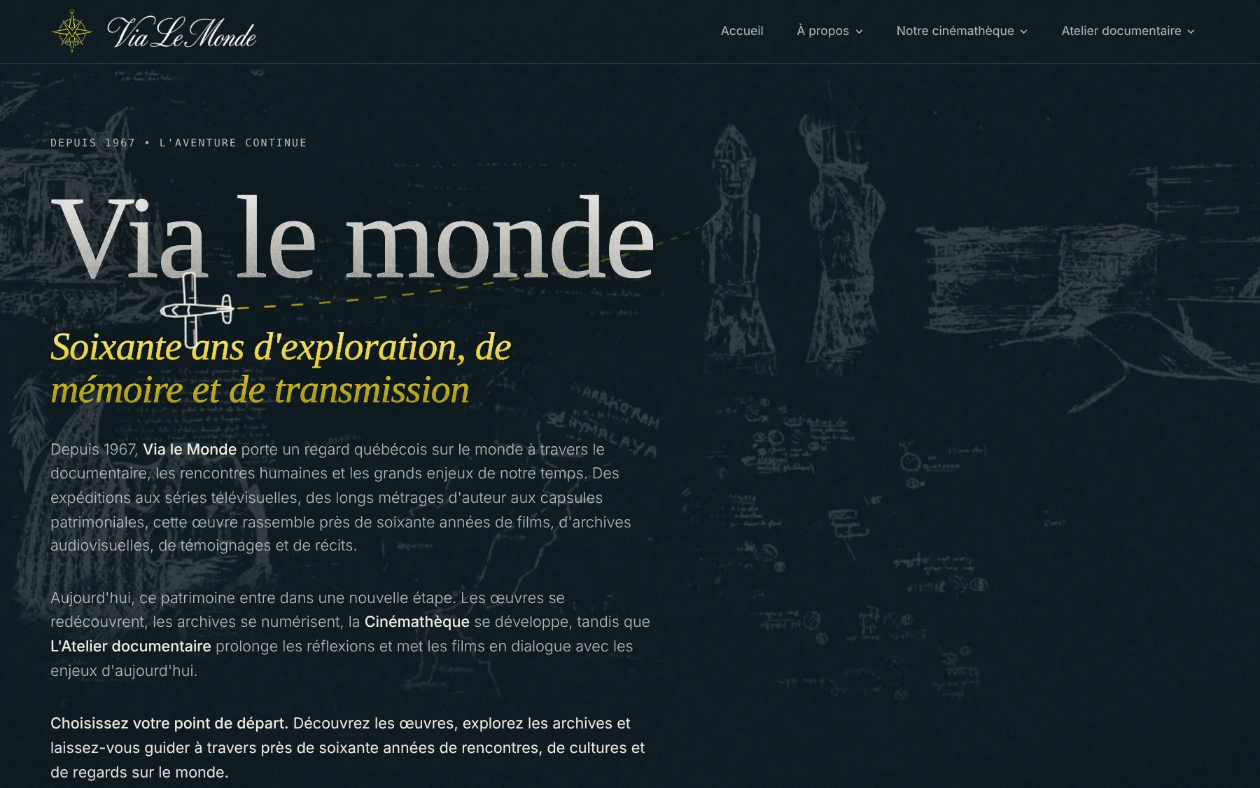 Via le Monde website hero: the title with a small plane flying a dotted route, over faint chalk sketches on night blue