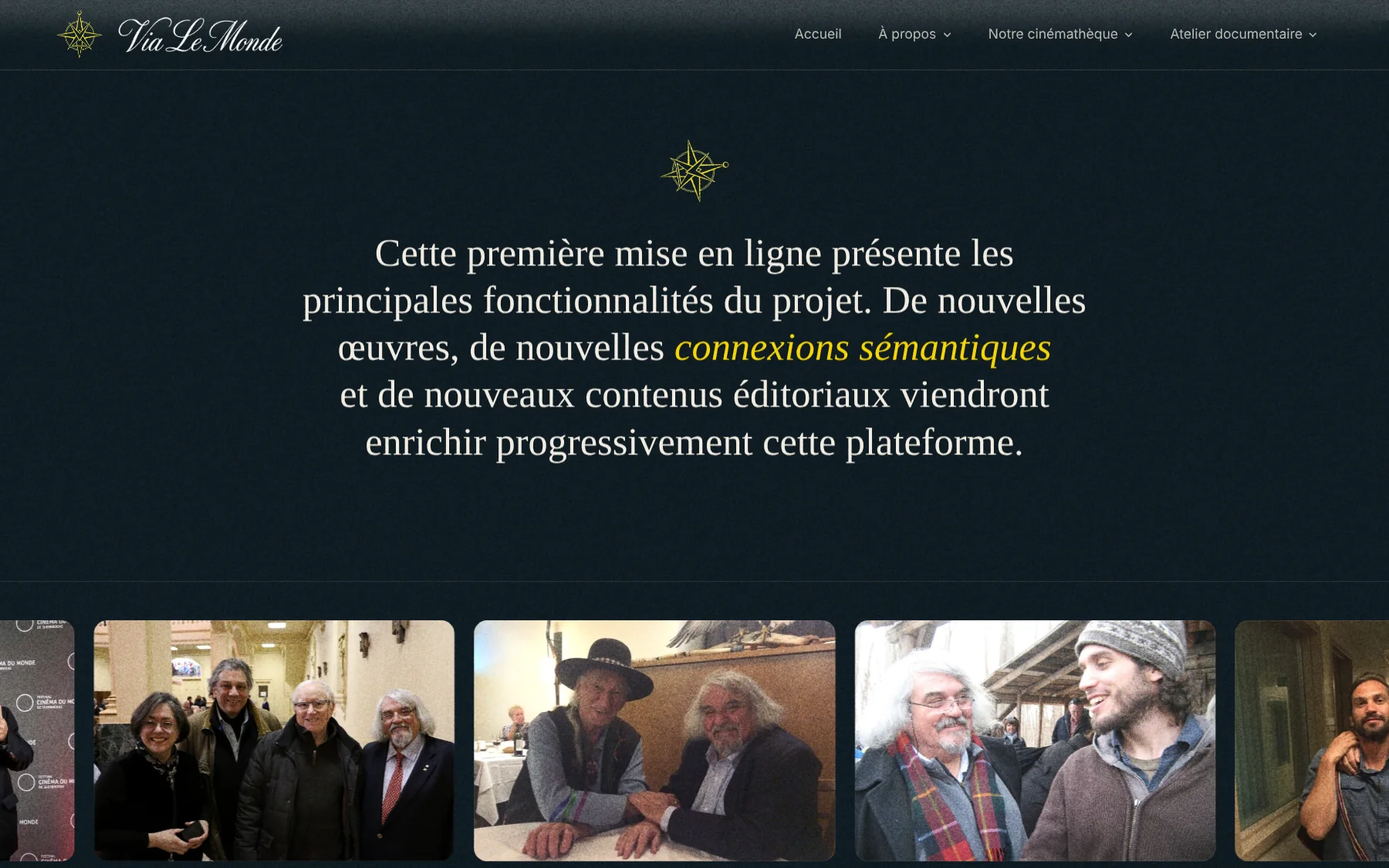 Via le Monde website footer section with the compass and a strip of photos