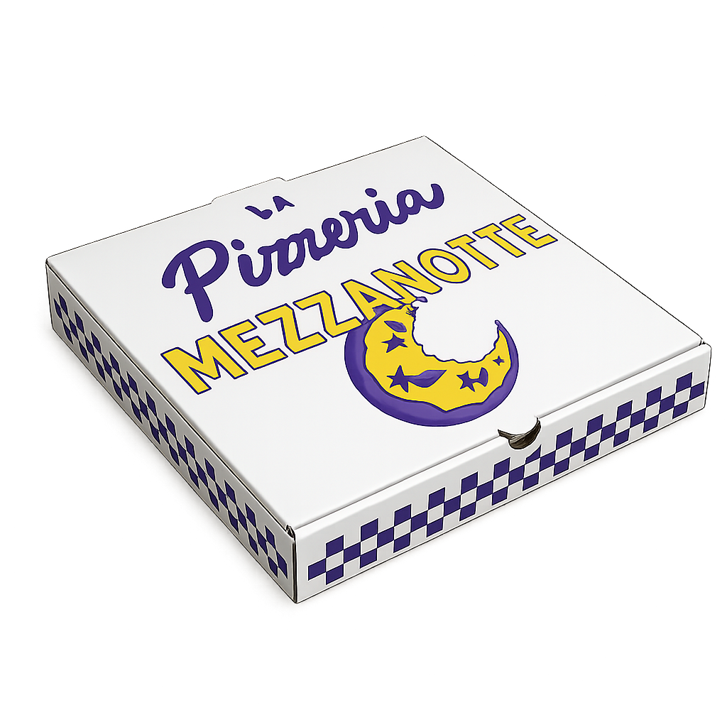 Pizzeria Mezzanotte pizza box with the wordmark, the crescent-moon logo and checkered sides