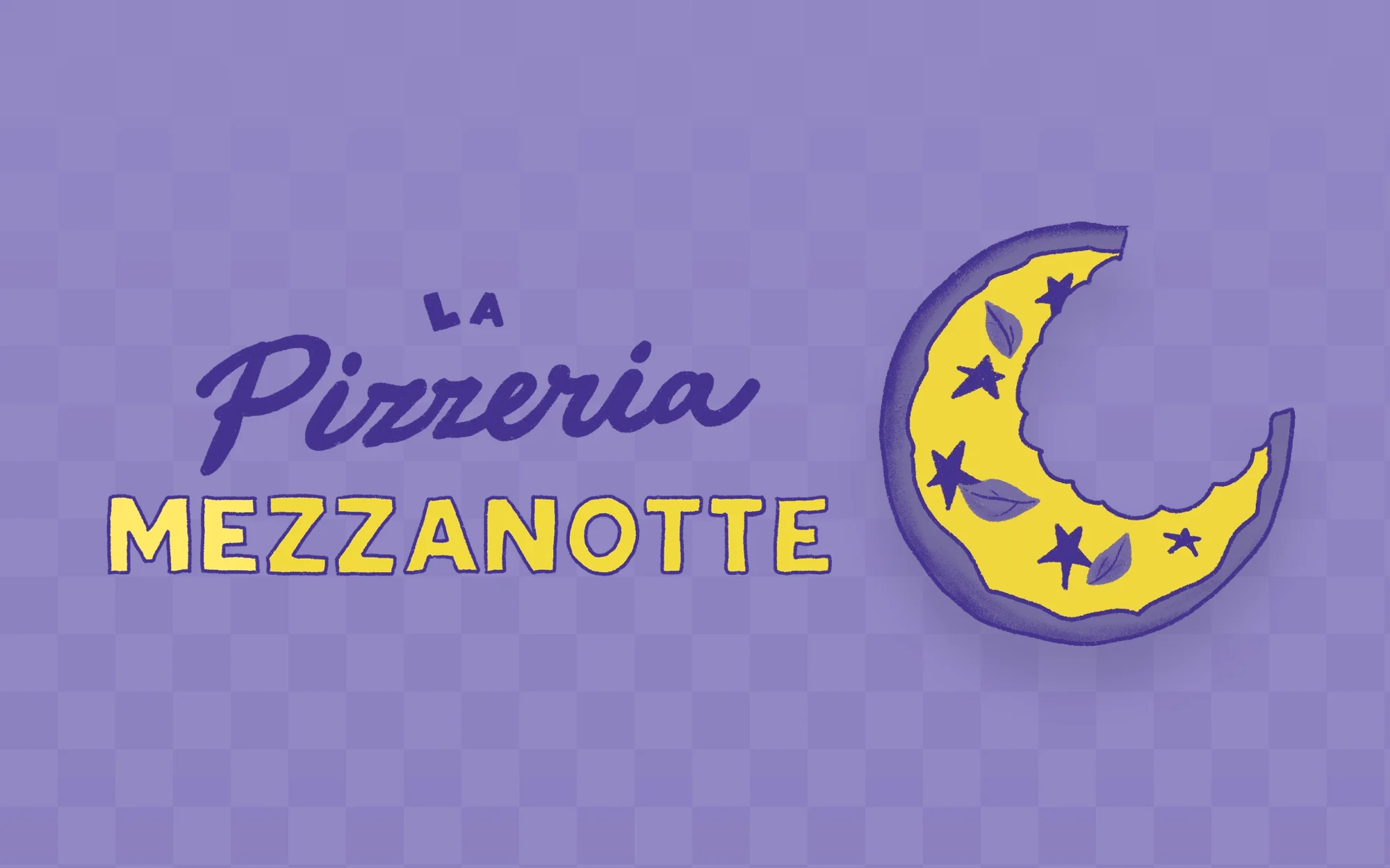 La Pizzeria Mezzanotte wordmark next to the crescent-moon pizza logo
