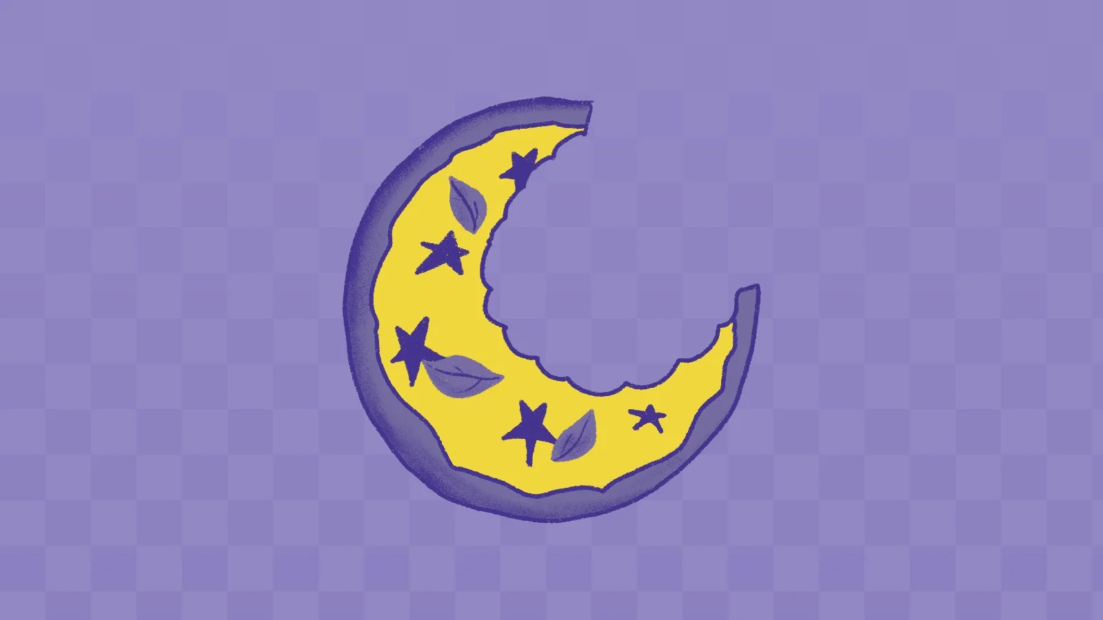 Crescent-moon pizza logo with a bite taken out, topped with stars and basil