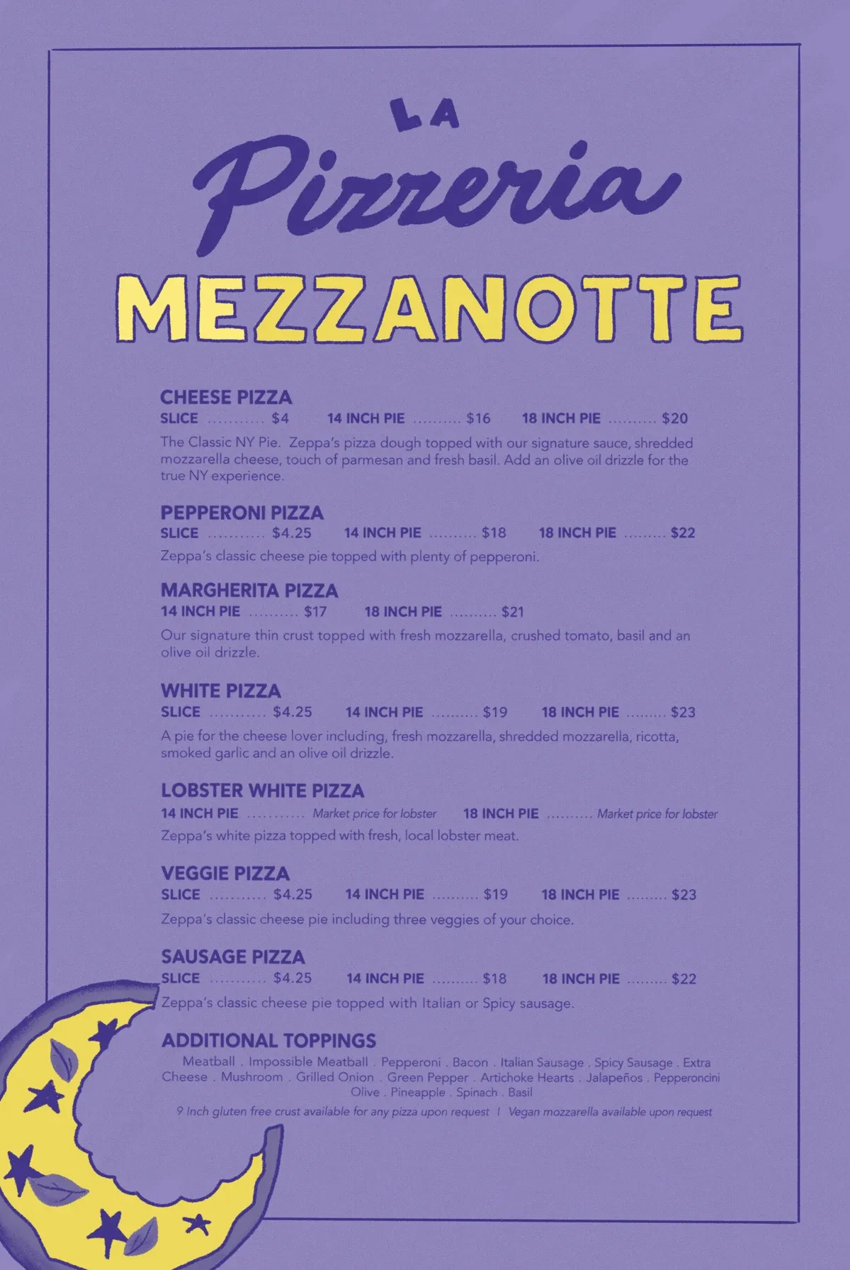 The printed Pizzeria Mezzanotte menu