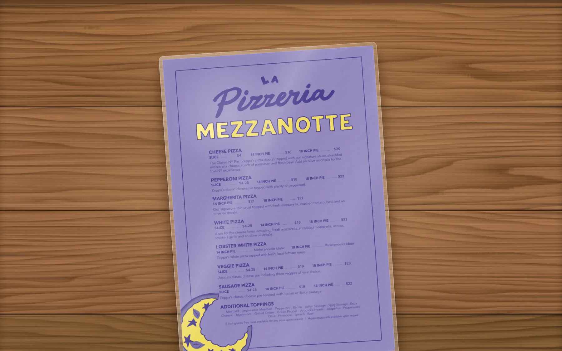 Website concept: the menu laminated on a wooden table